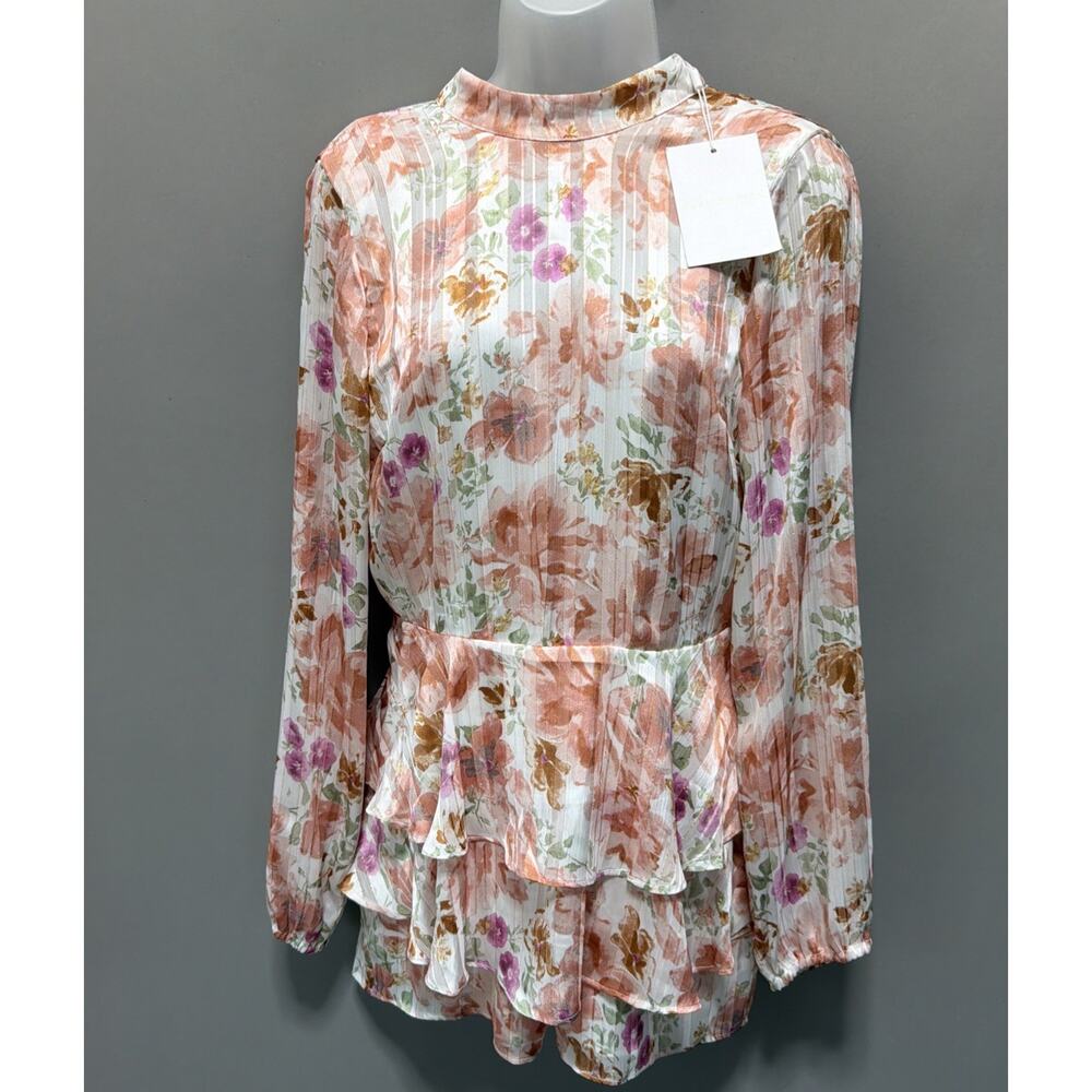 Endless Rose Watercolor Floral Long-Sleeve Chiffon Open Back Romper -S NWT